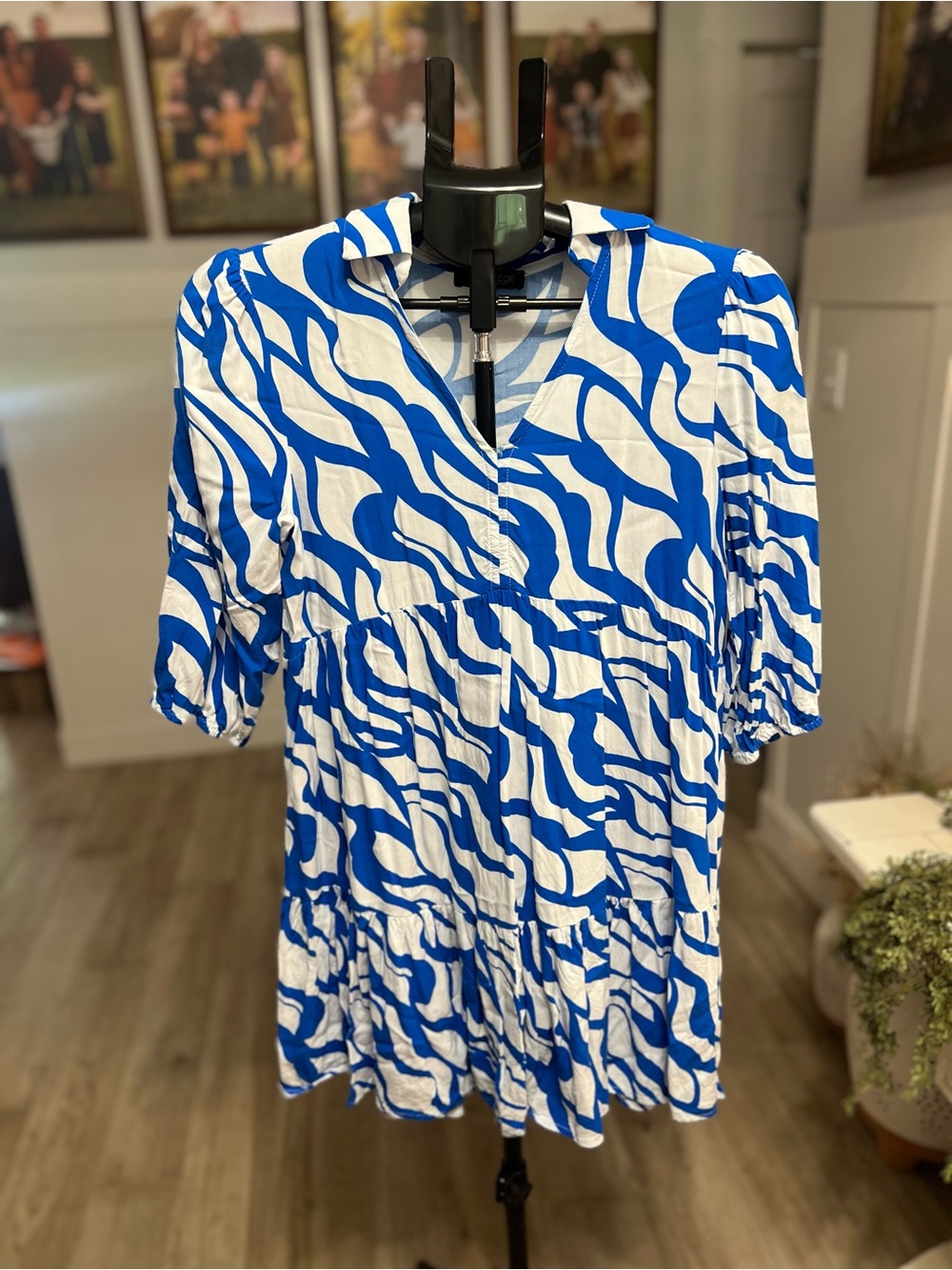 Blue & White Printed V-Neck Tiered Women's Dress